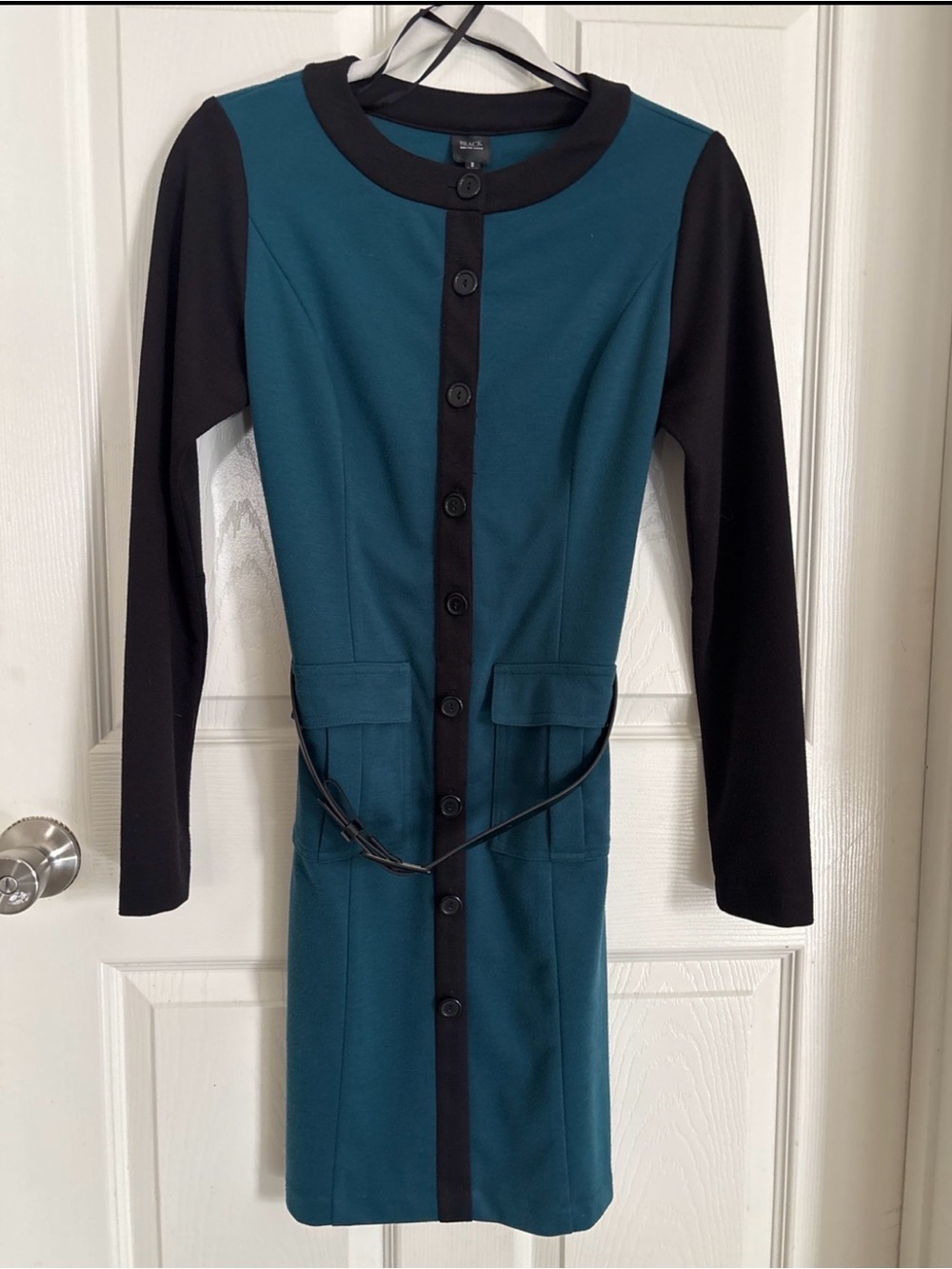 Saks Fifth Avenue Teal and Black Button-Front Long Sleeve Sheath Dress